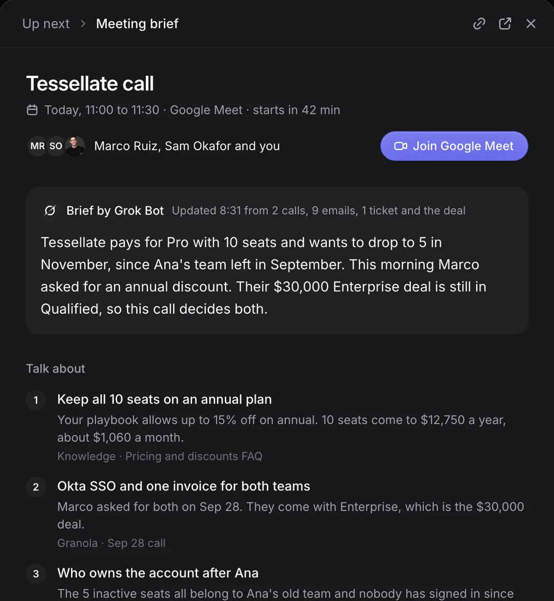 A meeting brief for the Tessellate call with a summary written by Grok Bot and talking points
