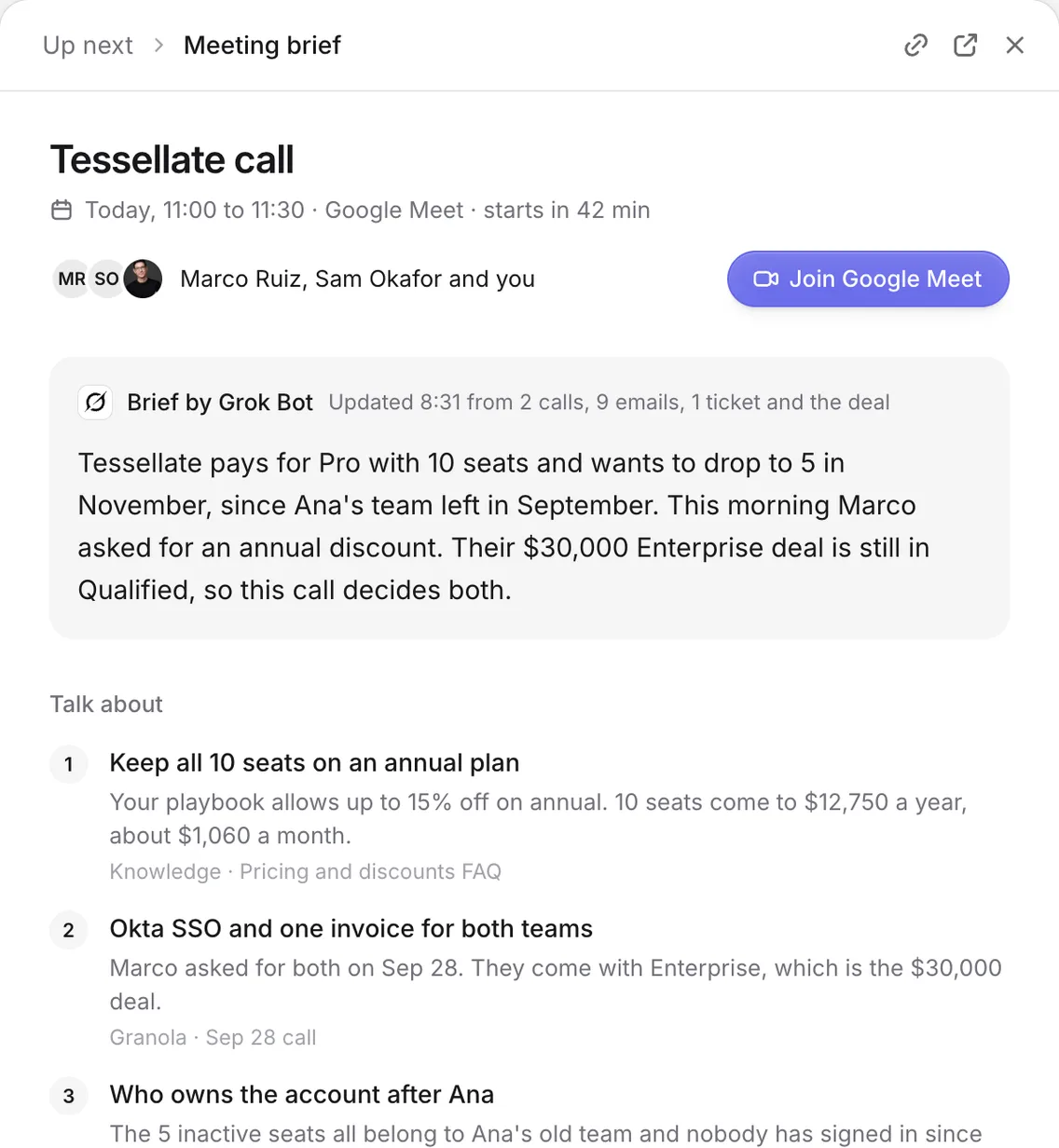 A meeting brief for the Tessellate call with a summary written by Grok Bot and talking points