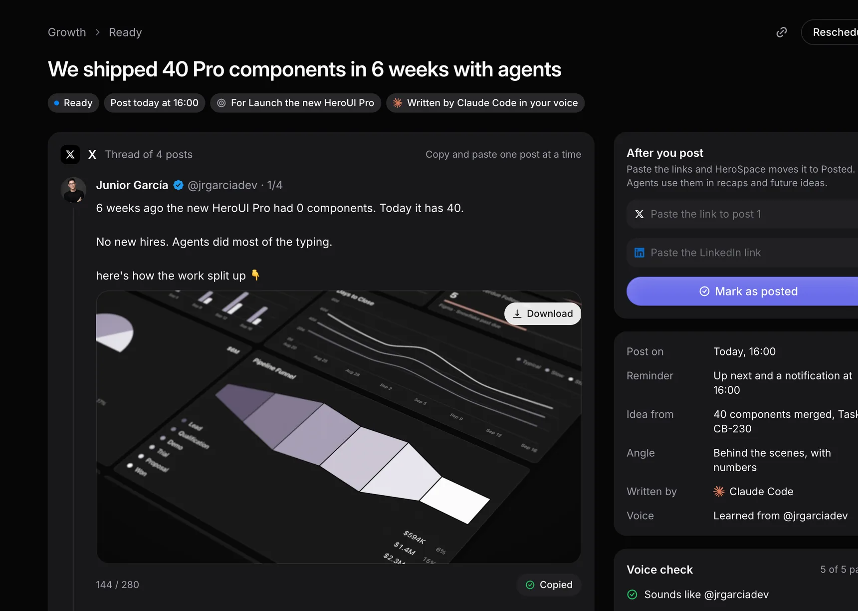 A drafted X thread about shipping 40 components in 6 weeks, ready to post