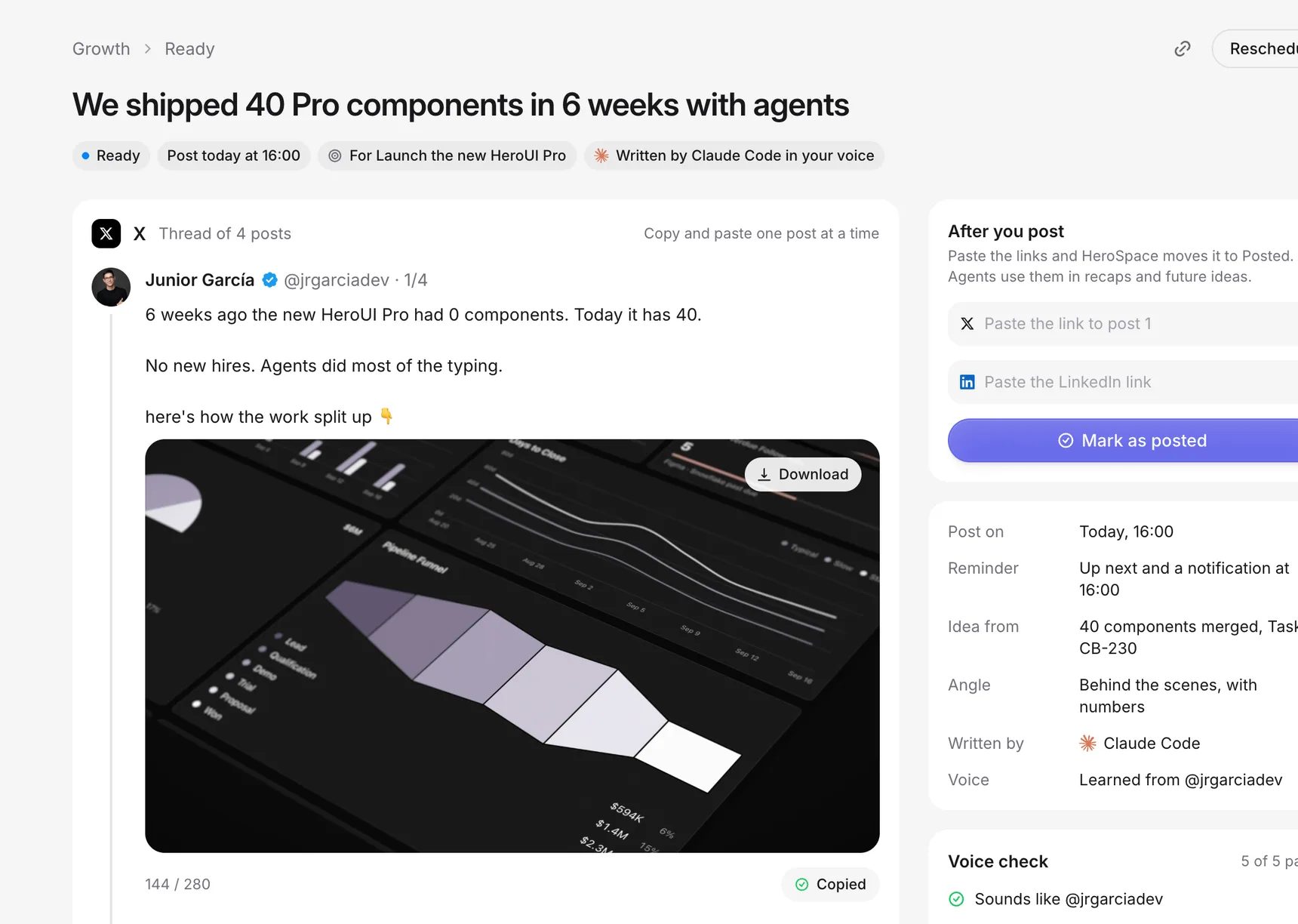 A drafted X thread about shipping 40 components in 6 weeks, ready to post