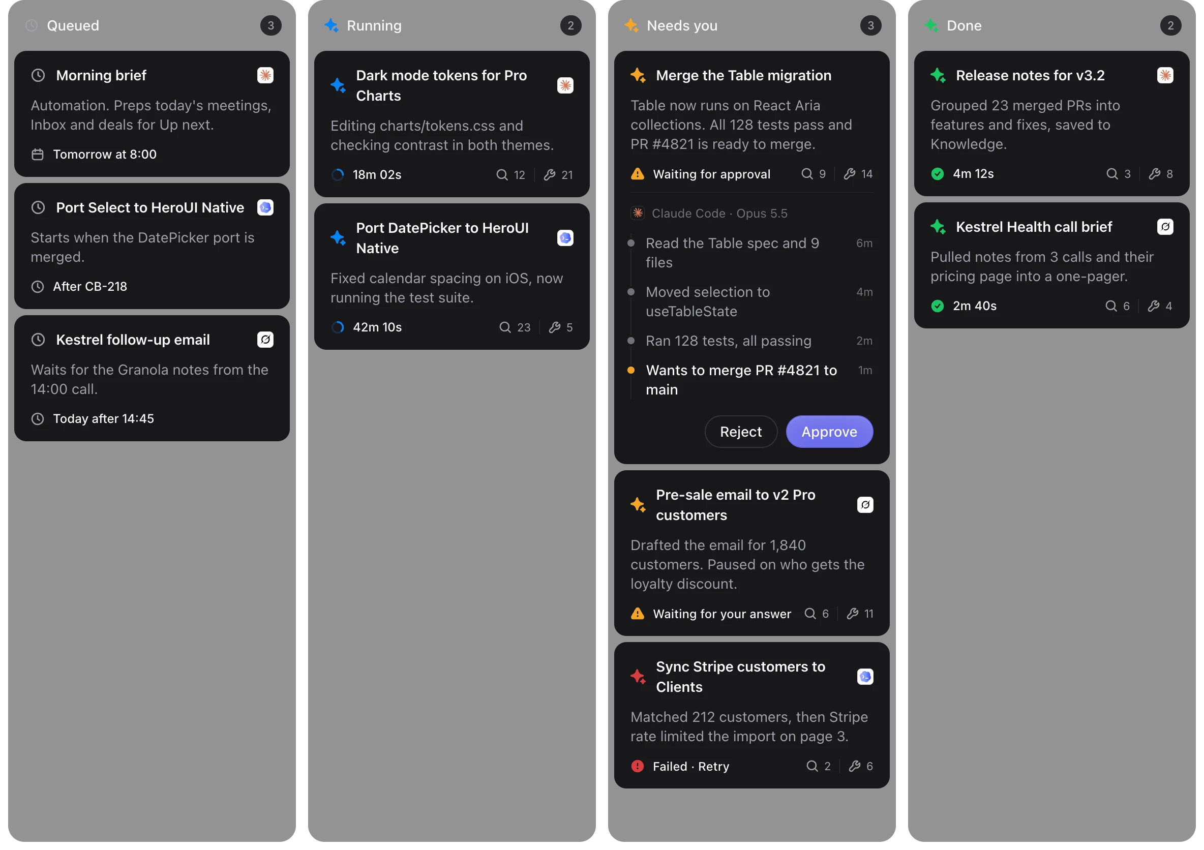 The Agents board in HeroSpace, with runs sorted into Queued, Running, Needs you and Done