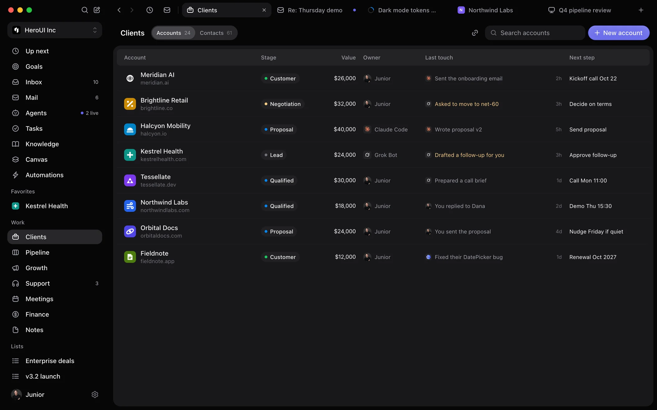 HeroSpace Clients table with each account's stage, value, last touch and next step
