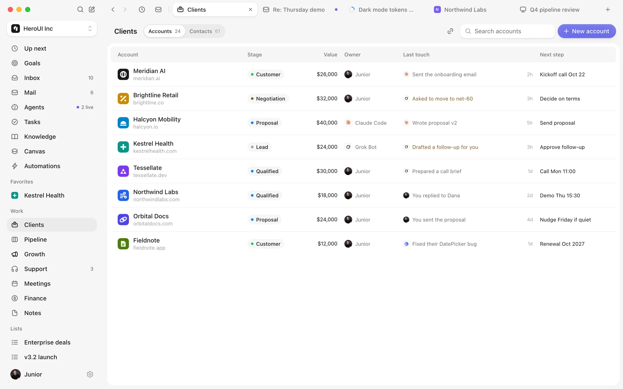 HeroSpace Clients table with each account's stage, value, last touch and next step