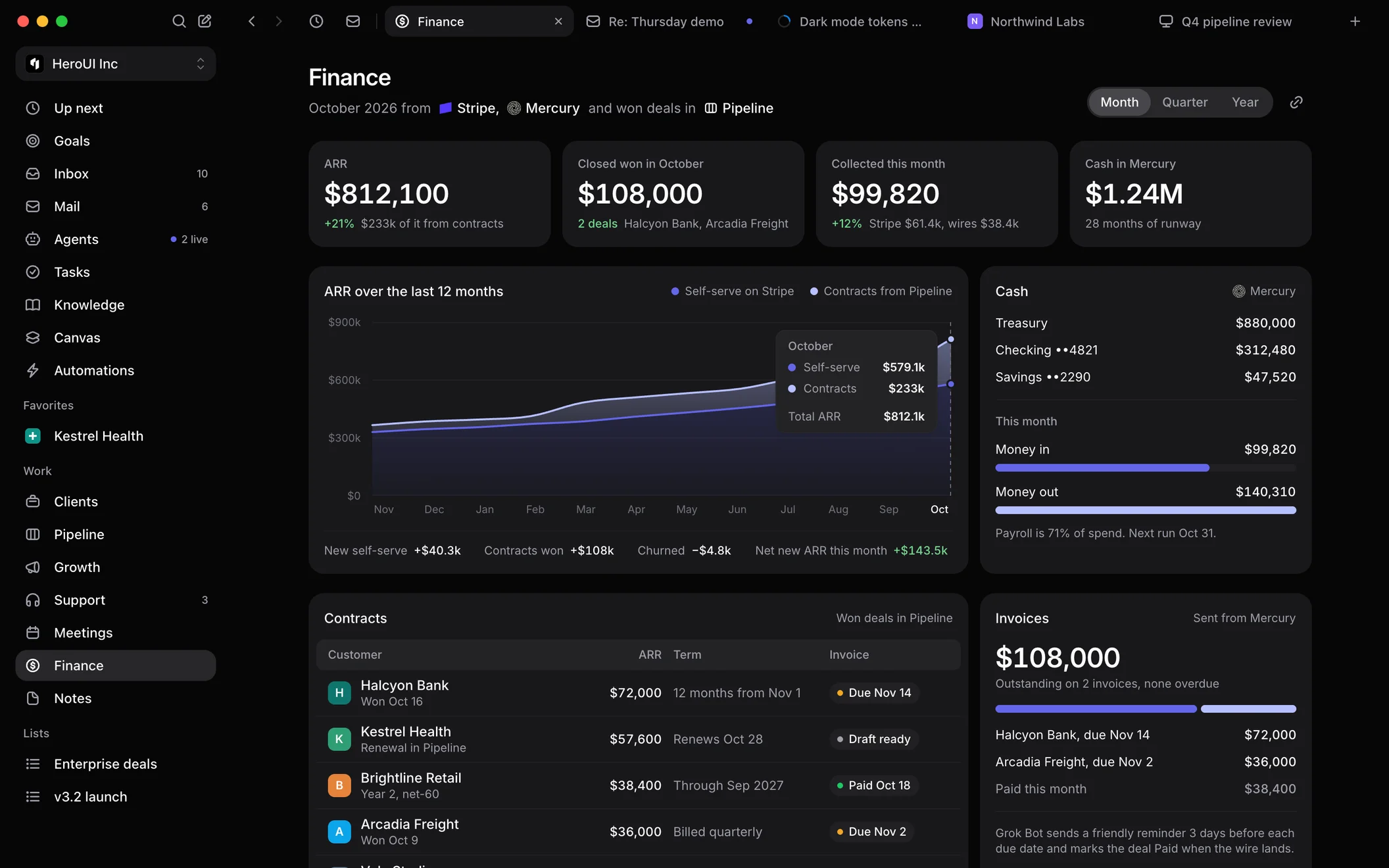 HeroSpace Finance with ARR, cash in Mercury, contracts and invoices