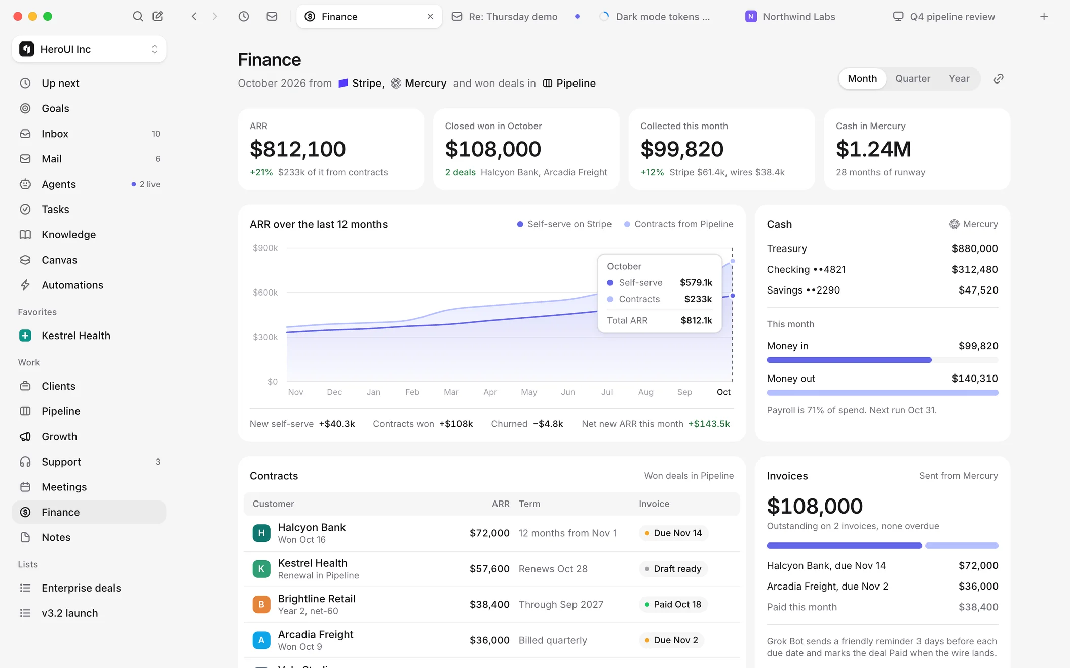 HeroSpace Finance with ARR, cash in Mercury, contracts and invoices