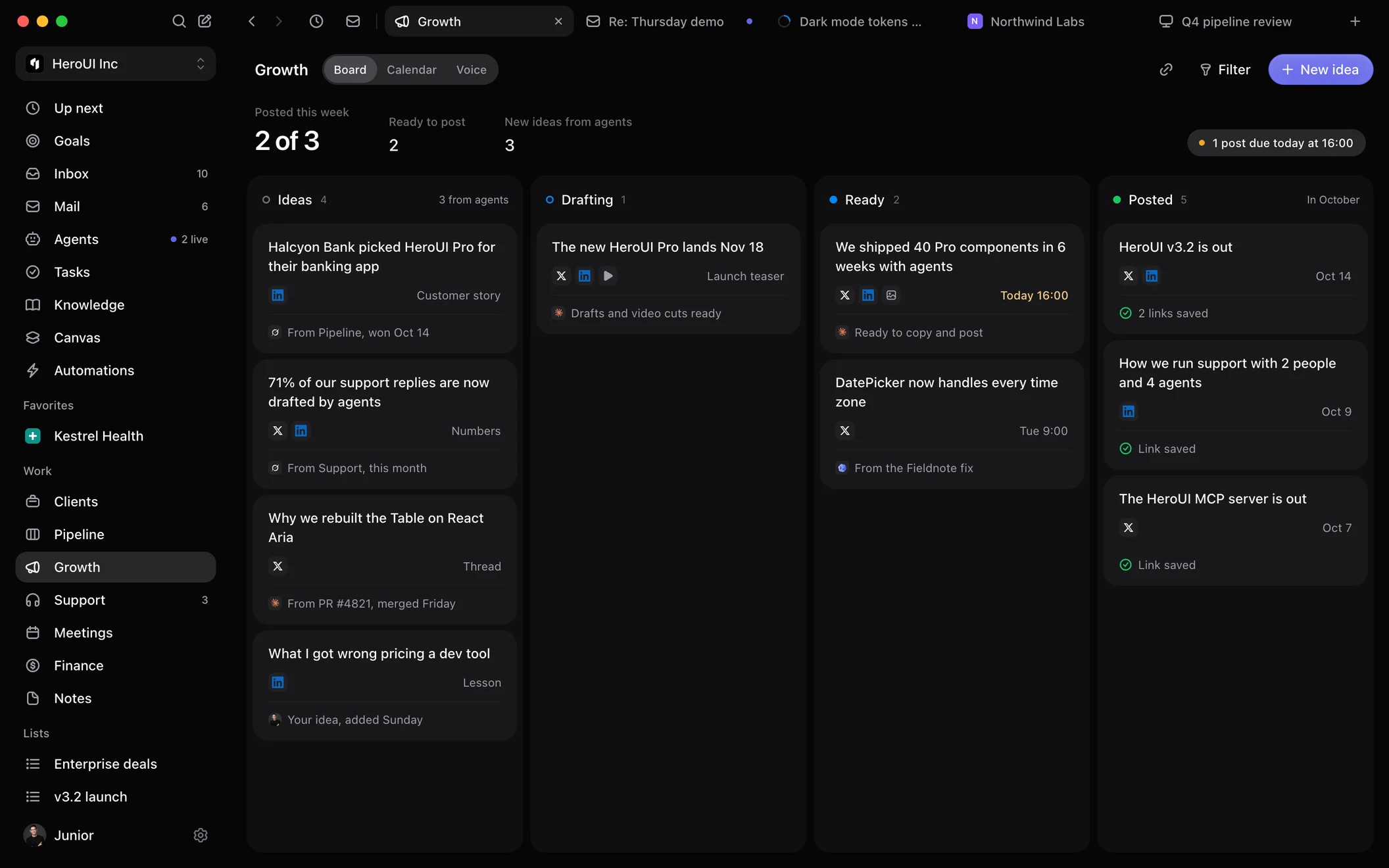 HeroSpace Growth board with post ideas, drafts and posts ready to copy