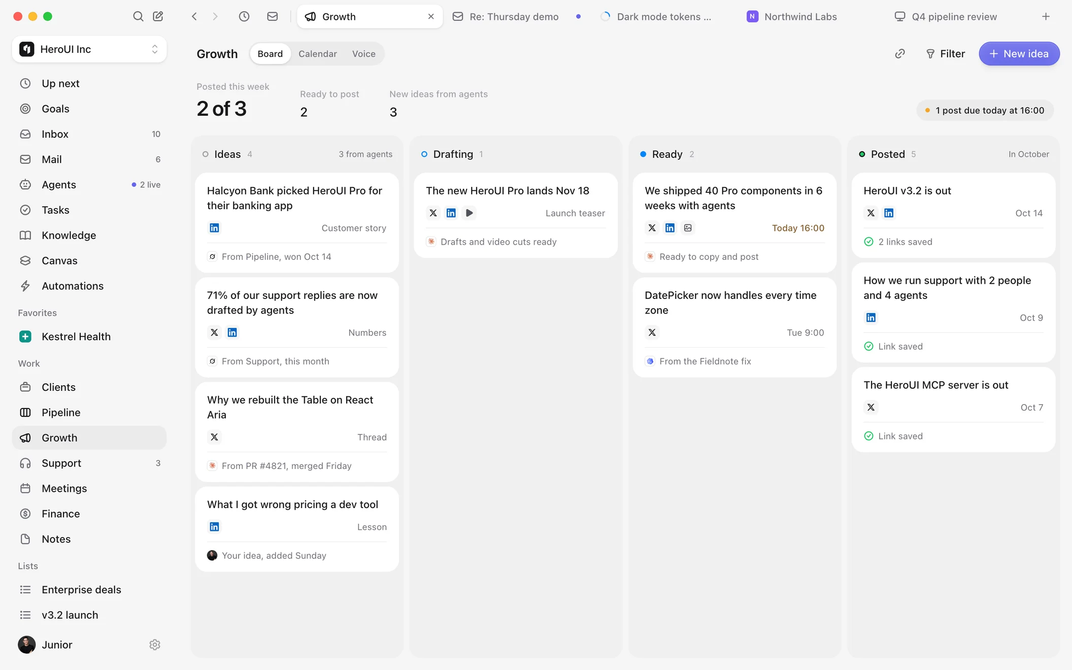 HeroSpace Growth board with post ideas, drafts and posts ready to copy