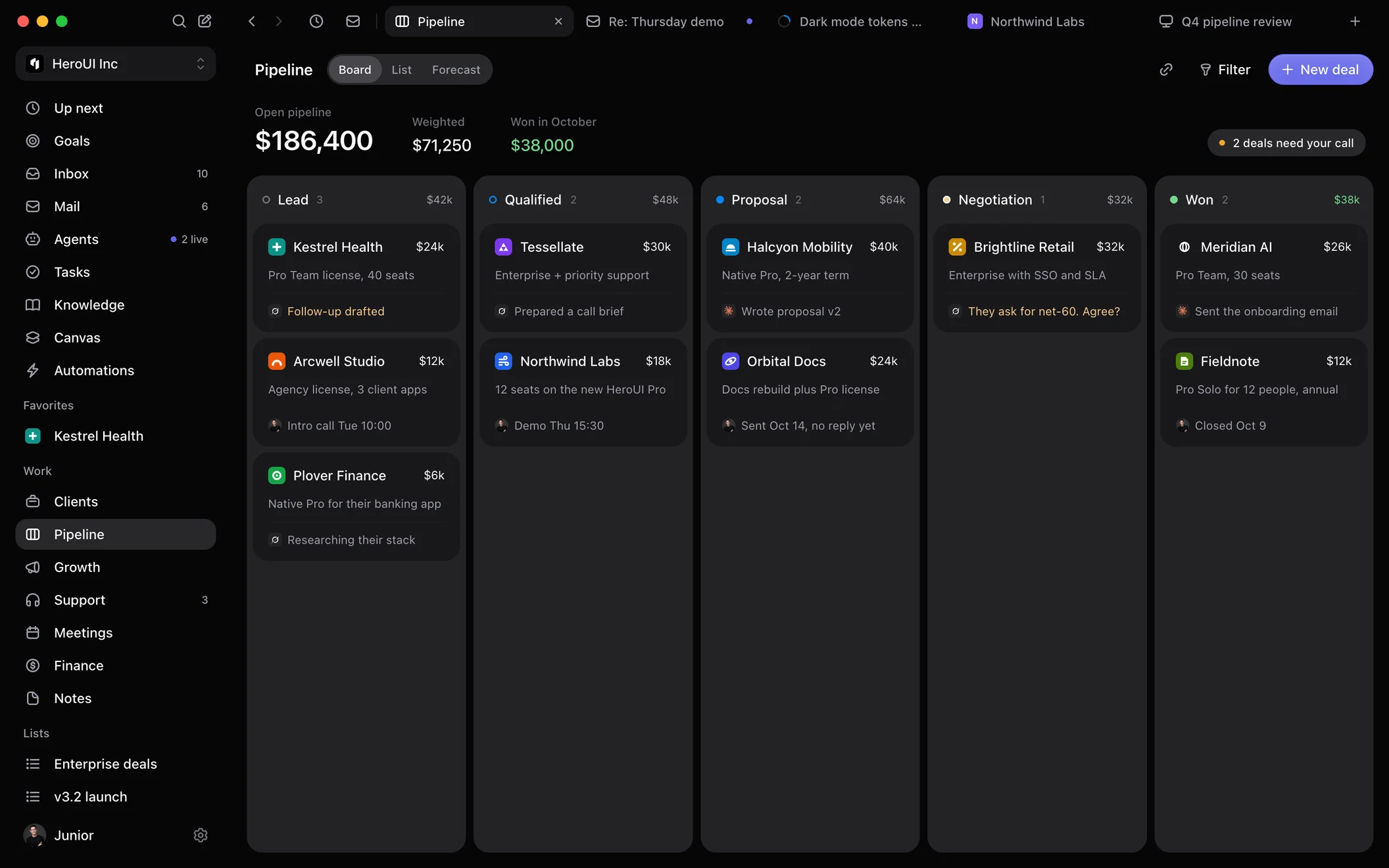 HeroSpace Pipeline board with deals grouped by stage, from Lead to Won
