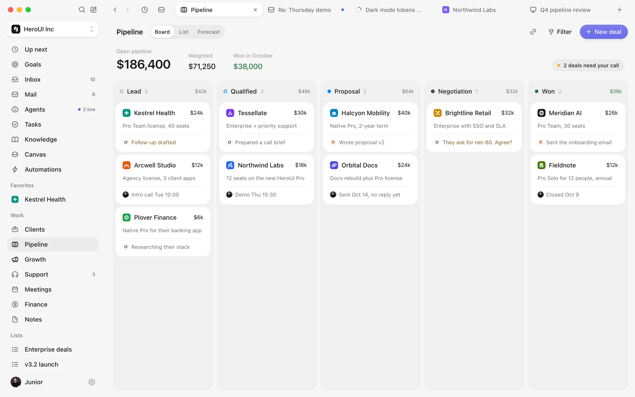 HeroSpace Pipeline board with deals grouped by stage, from Lead to Won