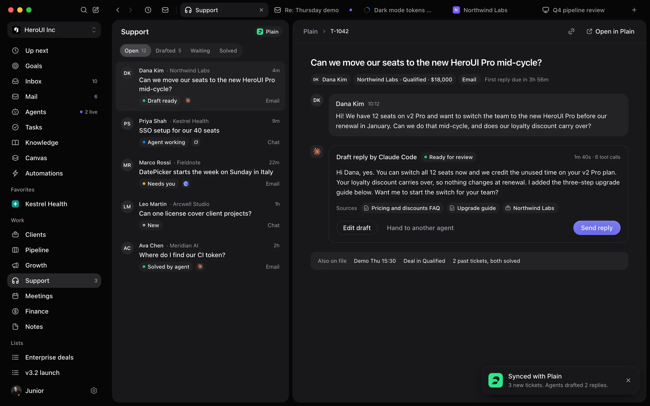 HeroSpace Support inbox with a reply drafted by Claude Code, ready for review