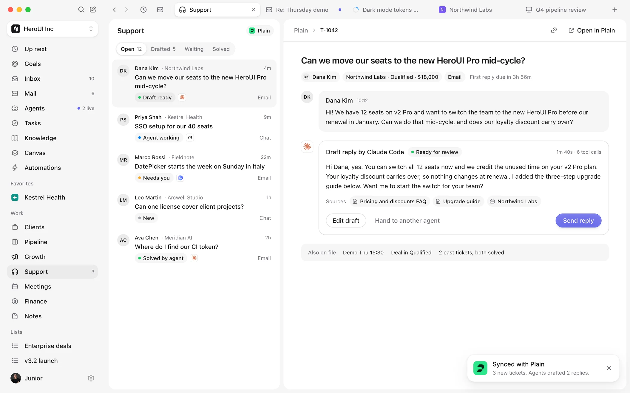 HeroSpace Support inbox with a reply drafted by Claude Code, ready for review